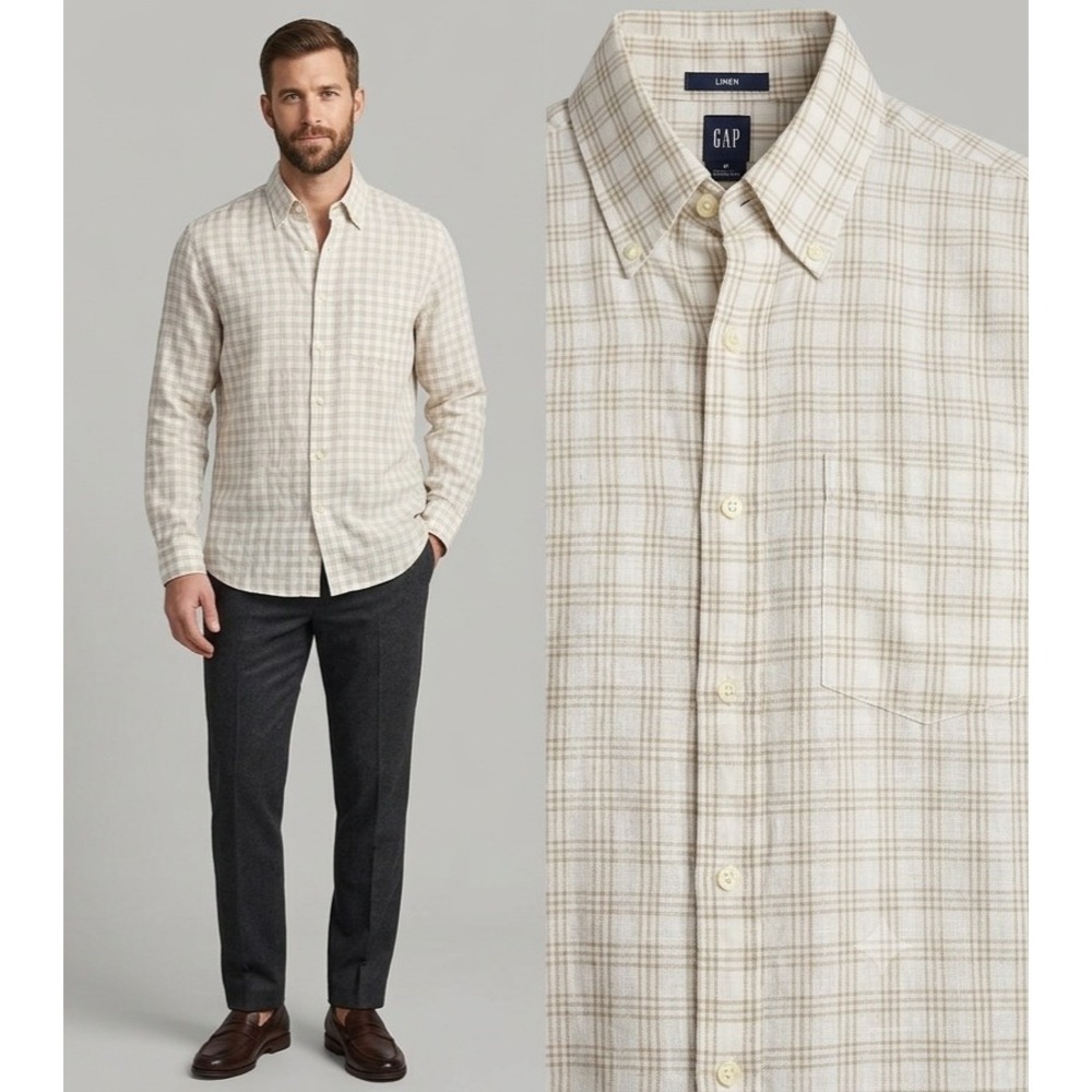 Gap Button Down Shirt Mens Large Beige‎ Plaid 100% Linen Long Sleeve